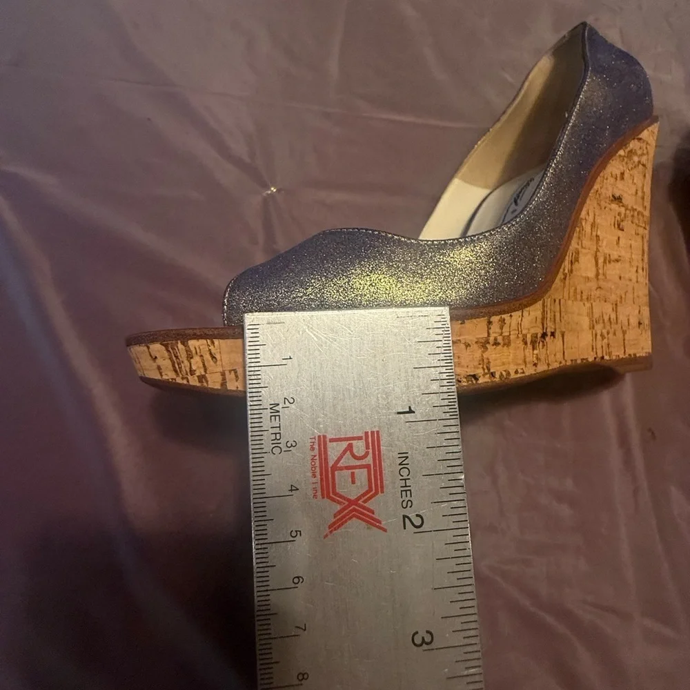 Brian Atwood Metallic Gold/Silver Leather 4”Cork Wedge Heels Size 8.5 MSRP $595